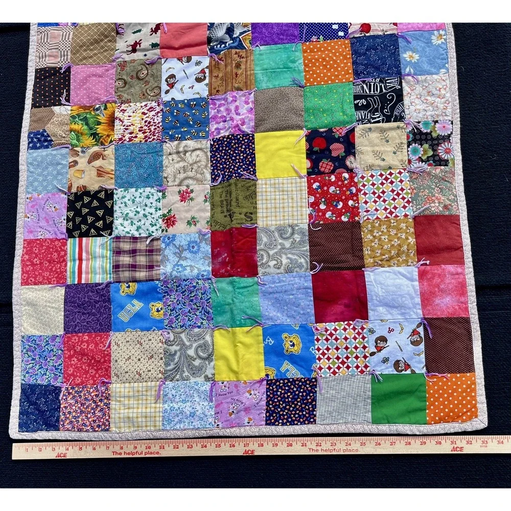 Handmade Patchwork Quilt Kids 28x35 Scrappy Cotton Multicolor Throw Blanket